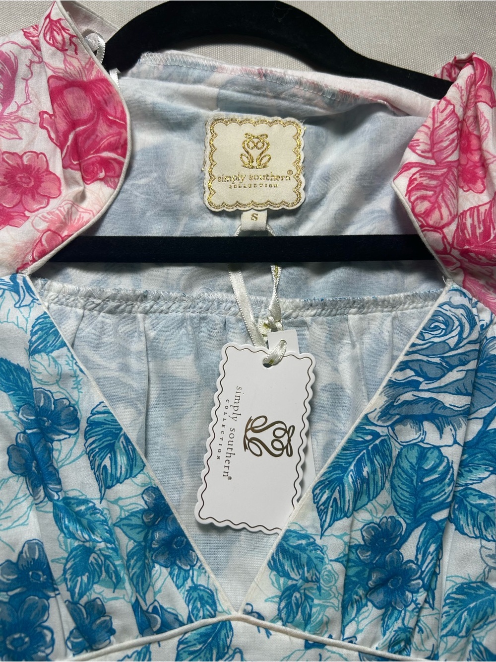 Simply Southern Blue Pink Floral Toile Ruffle Dress S Coastal old money #629 - Picture 7 of 12